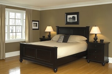 Modern bedroom with dark wood furniture