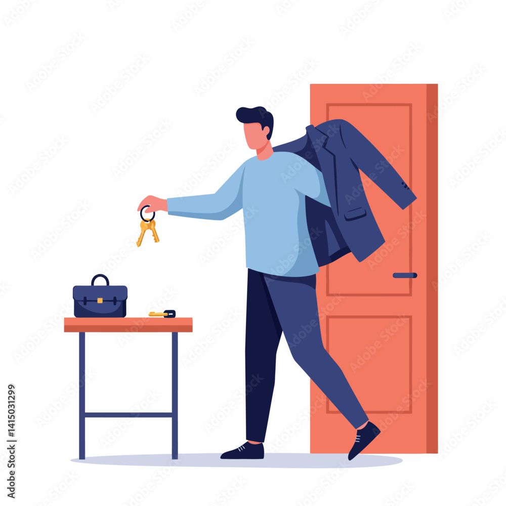 Aufkleber man holding keys with coat over shoulder near table and open door in minimal flat style vector illus