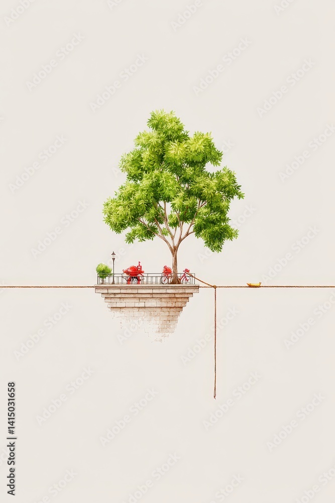 Poster a whimsical cartoon of a floating tree on a column, showcasing nature juxtaposed with abstract archi