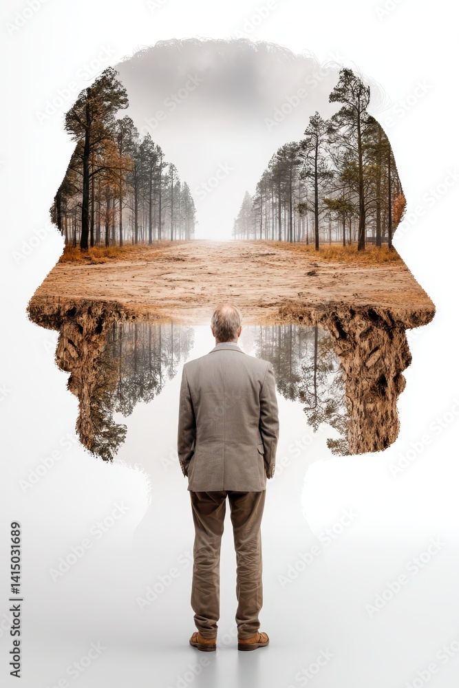Poster contemplative person in suit facing natural setting with surreal double exposure effect of forest an