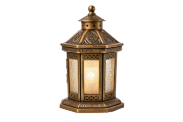 PNG Ornate brass lantern with intricate design and warm light emission