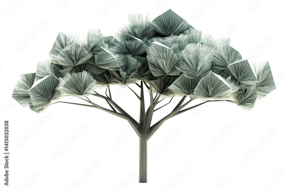Poster abstract tree stylized illustration featuring a geometric, silvery tree with angular leaves against 