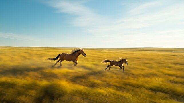 Wild horses running freely across open grasslands