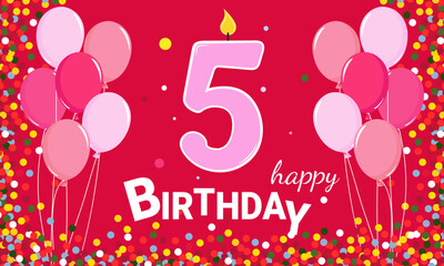 The anniversary is 5 years old. Happy Birthday. Pink balloons and a candle number 5 on a pink background.