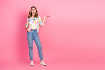 Charming Lovely Young Woman Showing Gesture in Trendy Casual Outfit on Pink Background
