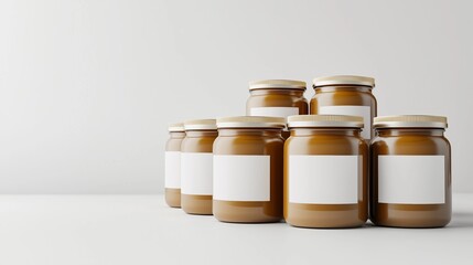 Group of amber glass jars with blank labels arranged in a minimalist setting. Perfect for branding, packaging mockups, and product presentations.