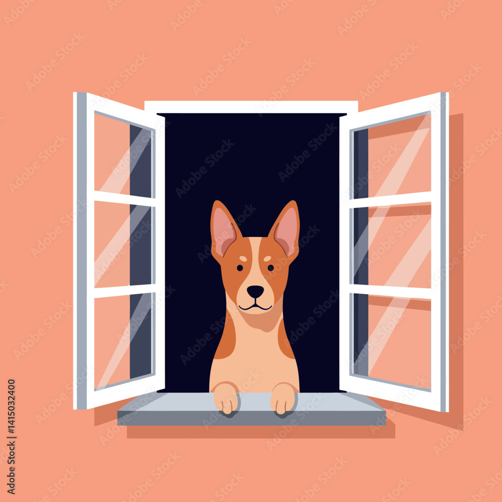Poster basenji dog with alert ears looking through open window in flat minimal style vector illustration