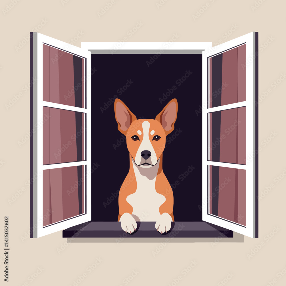 Poster basenji dog with upright ears looking through open window in flat minimal style vector illustration