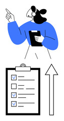Headset-wearing agent holding clipboard, checklist with checked boxes, upward arrow. Ideal for customer support, productivity, management, feedback, strategy, planning simple landing page