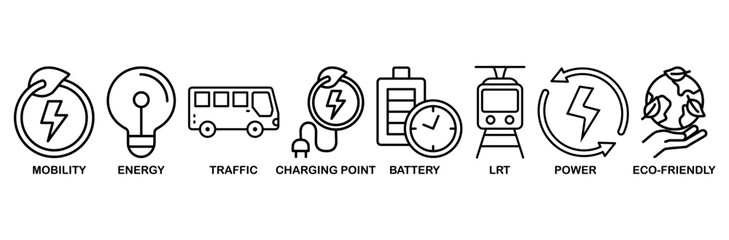 E-mobility icon set vector illustration concept with icon of mobility, energy, traffic, charging point, battery, lrt, power and eco-friendly