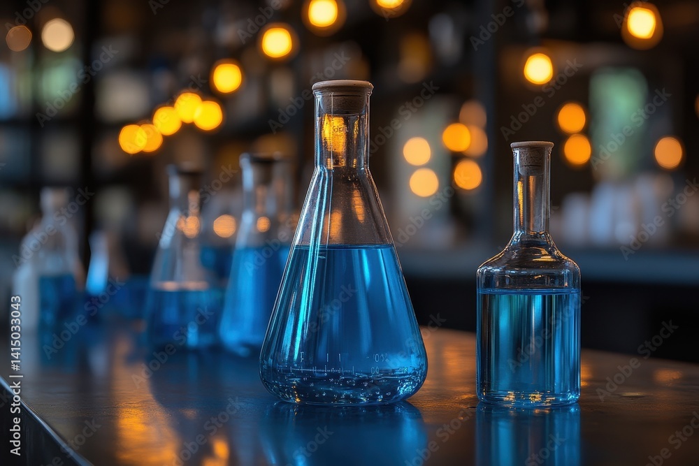Poster blue liquids in glass containers on a lab table with warm lights in the background creating a cozy a