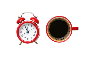 PNG Red alarm clock and coffee cup side by side on white surface