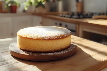 Cake with icing on a wooden plate