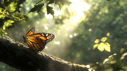 Butterfly crawling along a tree branch with vibrant forest canopy and filtered sunlight above 