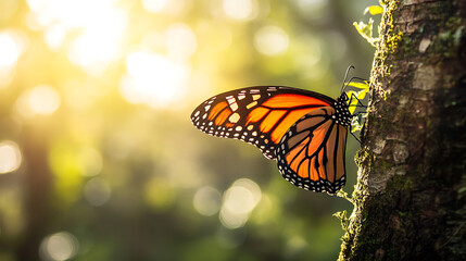 Butterfly crawling along a tree branch with vibrant forest canopy and filtered sunlight above 