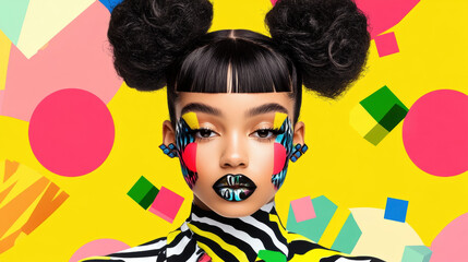 Weird hairstyles, A person with zigzag bangs and cube buns in a flat illustration style.