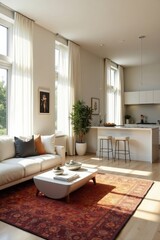 Fototapeta premium Sunlit Modern Living Room Interior Design with Comfortable Sofa and Area Rug