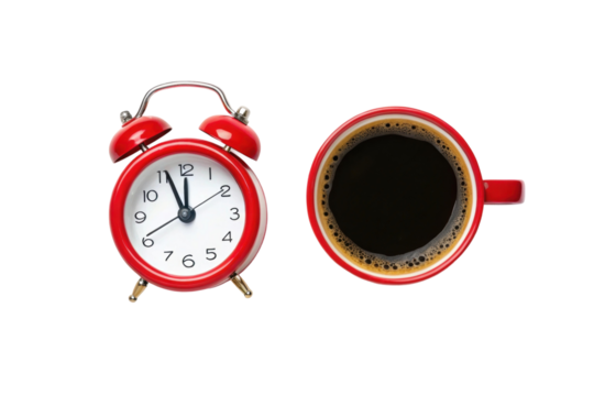 PNG Red alarm clock and coffee cup side by side on white surface