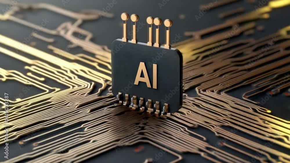 Poster close-up view of ai microchip on futuristic circuit board with glowing gold lines and modern technol