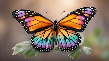 Fototapeta premium A vibrant Monarch butterfly perched on green leaves, showcasing its stunning orange, black, and blue wings in a serene natural setting.