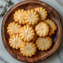Freshly baked cookies on a wooden plate.
