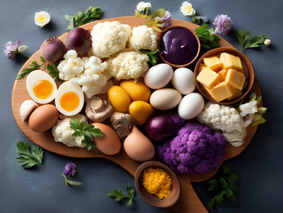 Vibrant educational food layout featuring eggs liver and cauliflower arranged in shape of a brain symbolizing choline rich nutrition for cognitive health
