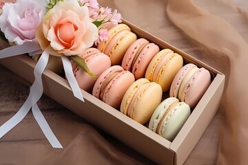 colorful macaroons on wooden background.