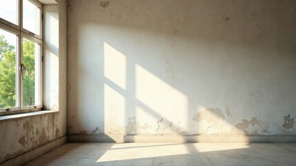 Obraz premium Sunlit Empty Room with Distressed Walls and Window