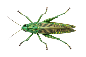 PNG Close-up of green grasshopper with detailed patterns on wings and body