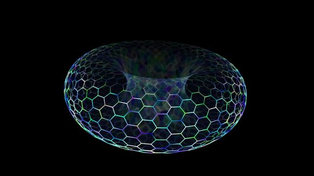 Abstract futuristic wireframe hexagonal torus shape with color grid  in cyberspace. Concept for technology and science.