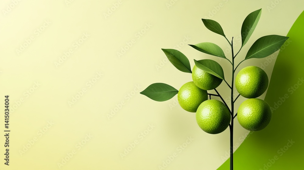 Poster lime tree features five green limes and several leaves against a split background with gradient effe