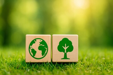 Sustainable Living Concept with Eco-Friendly Blocks on Green Grass Background