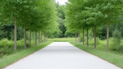 Fototapeta premium A paved pathway lined with lush greenery. A tranquil, well-maintained, garden walkway, stretching into a wooded vista