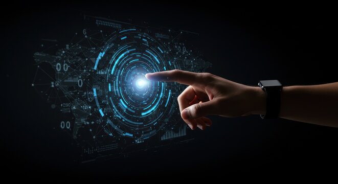 Hand touching glowing blue circle on dark background abstract technology concept.