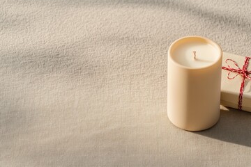 Soft sunlight illuminates calm scene with candle and neatly wrap