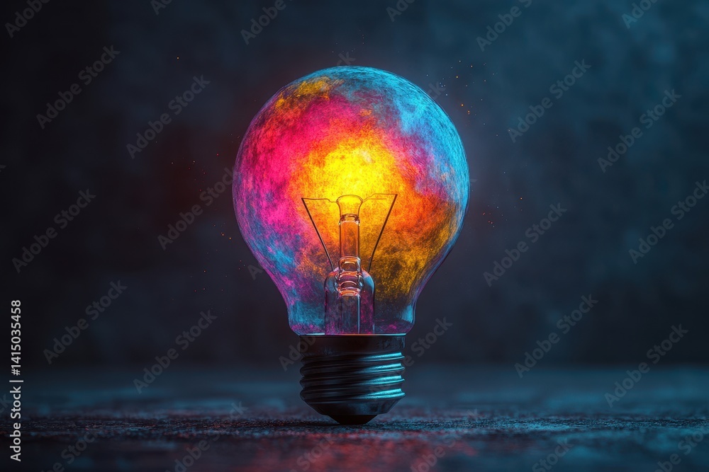 Poster colorful light bulb glowing in a dark setting creating a vibrant atmosphere with swirling patterns