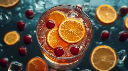 A luxury fruit punch with radiant citrus slices served in a sleek, reflective glass 