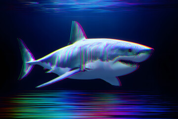 Obraz premium Shark with 3d glitch effect, fish retro background