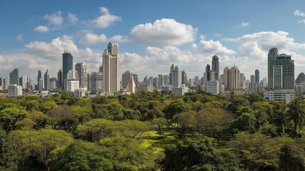 Fototapeta premium Urban greenery and modern architecture in downtown business district