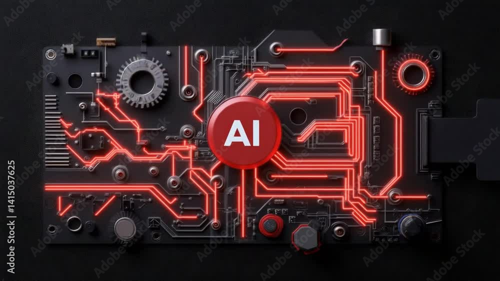 Poster abstract circuit board design featuring ai concept with red neon lights in a dark background