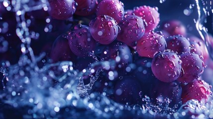 Purple grapes splashing water fresh healthy food