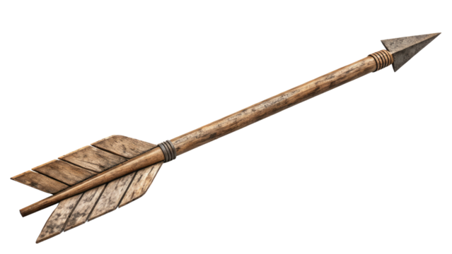 vintage wooden arrow with feather fetching isolated on white or transparent background