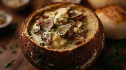 Creamy clam chowder in a sourdough bowl