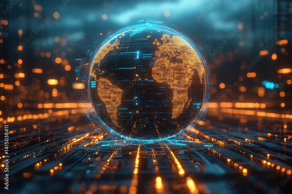 Poster digital globe representation showcasing global connectivity with glowing lines and technological ele