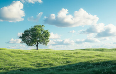 Obraz premium Green grassy field with blue sky and soft clouds, tree standing tall in open nature.