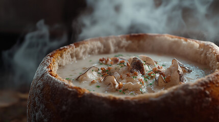 Creamy clam chowder in a sourdough bowl
