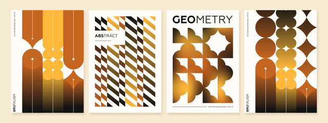 Postmodern geometric vertical banner set. Abstract composition with vector shapes in brutalism aesthetics. Mosaic of brutal figures in trendy color retro. Futuristic cards with modernist ornament
