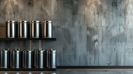 A modern interior showcasing sleek metal canisters on a minimalist black shelf against a textured gray wall
