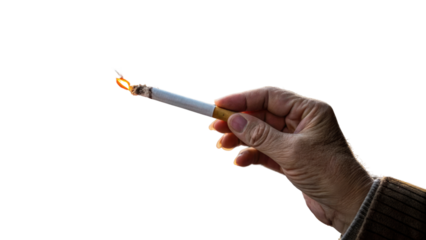 hand holding a burning cigarette isolated on white or transparent background