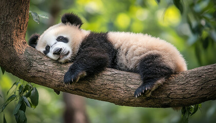 Obraz premium Playful Giant Panda Climbing a Tree in Bamboo Forest